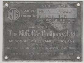 Early MGA 1500 Original ID plate