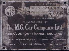Early MGA 1500 Original ID plate