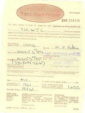 Test Cetrtificate, 1976, for an MGA police car